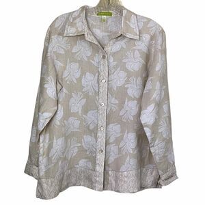 Sigrid Olsen Linen Beige Floral Graphic Shirt M